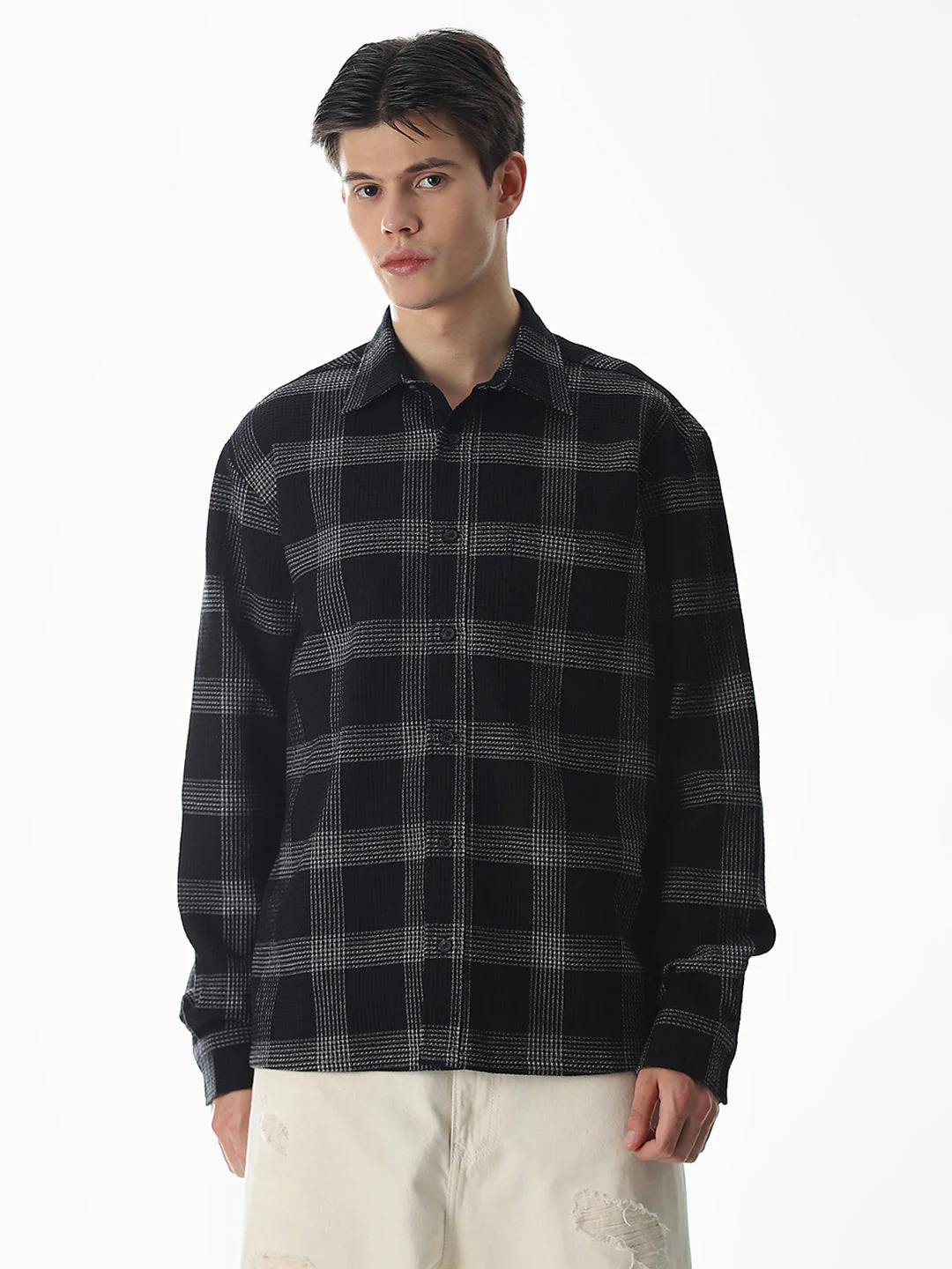 Black Waffle Check Cotton Shirt - Image 2