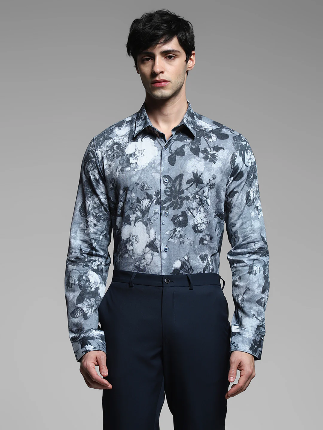 Grey Floral Cotton Shirt - Image 2