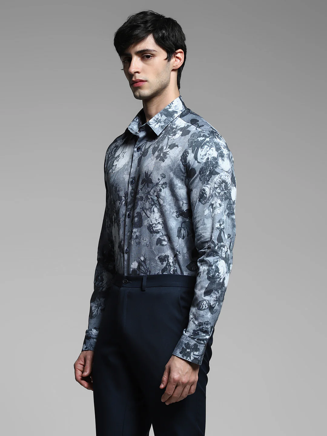 Grey Floral Cotton Shirt - Image 3
