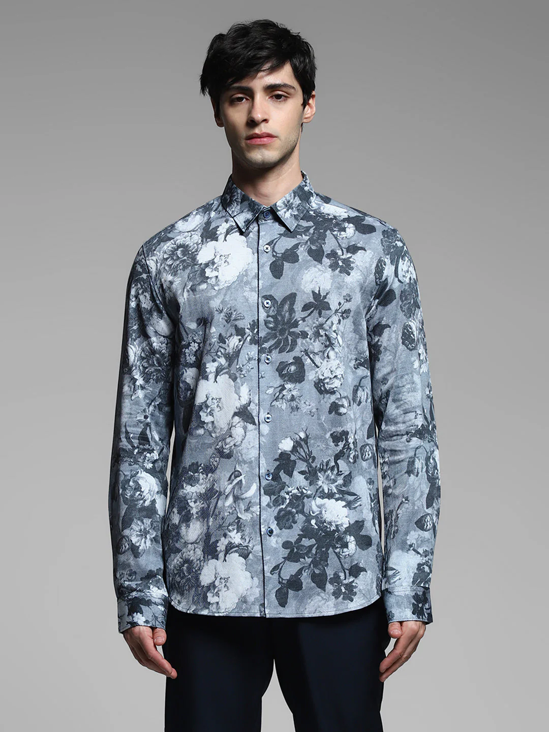 Grey Floral Print Cotton Shirt - Image 8
