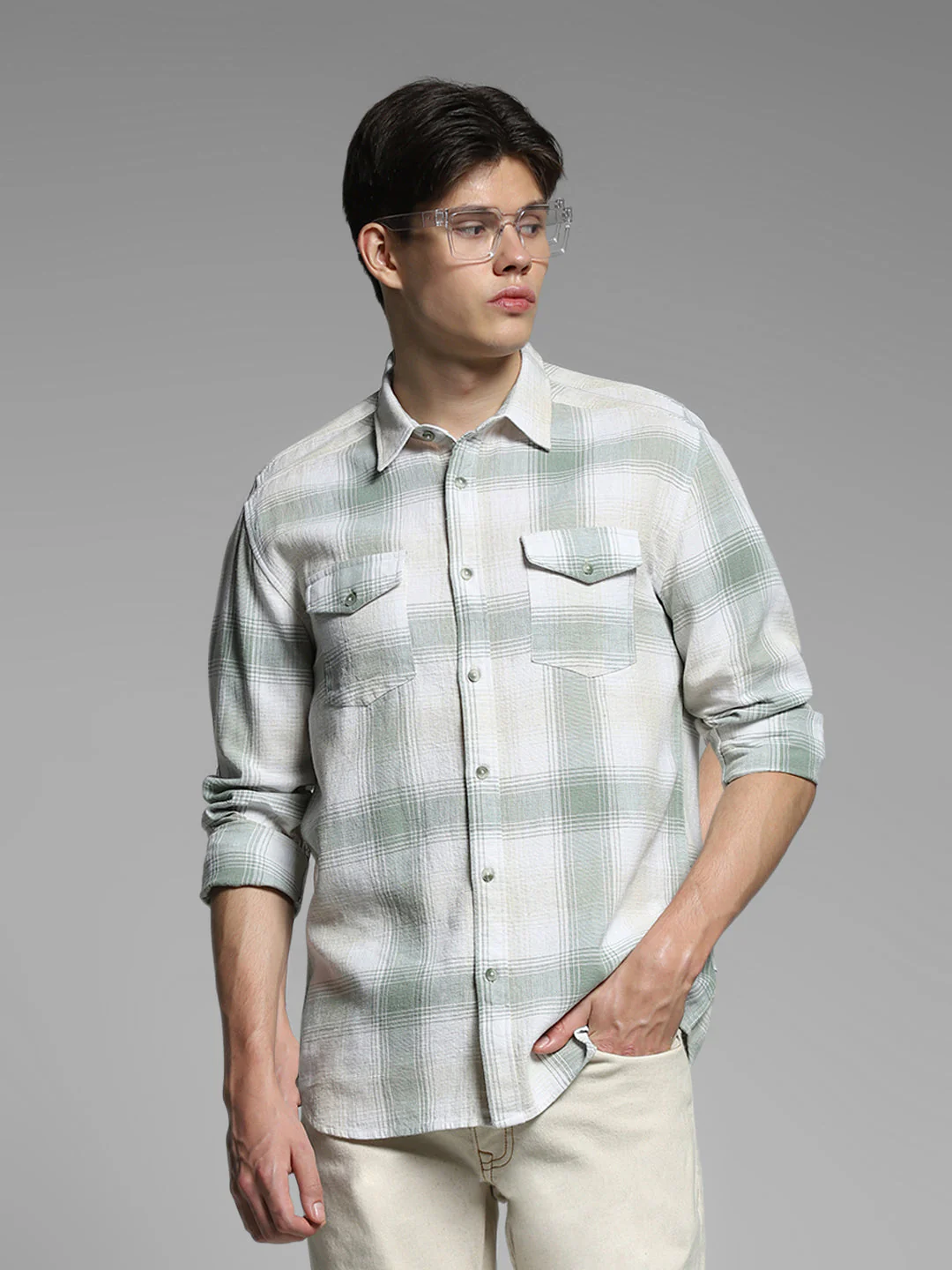 Light Green Check Linen Blend Shirt