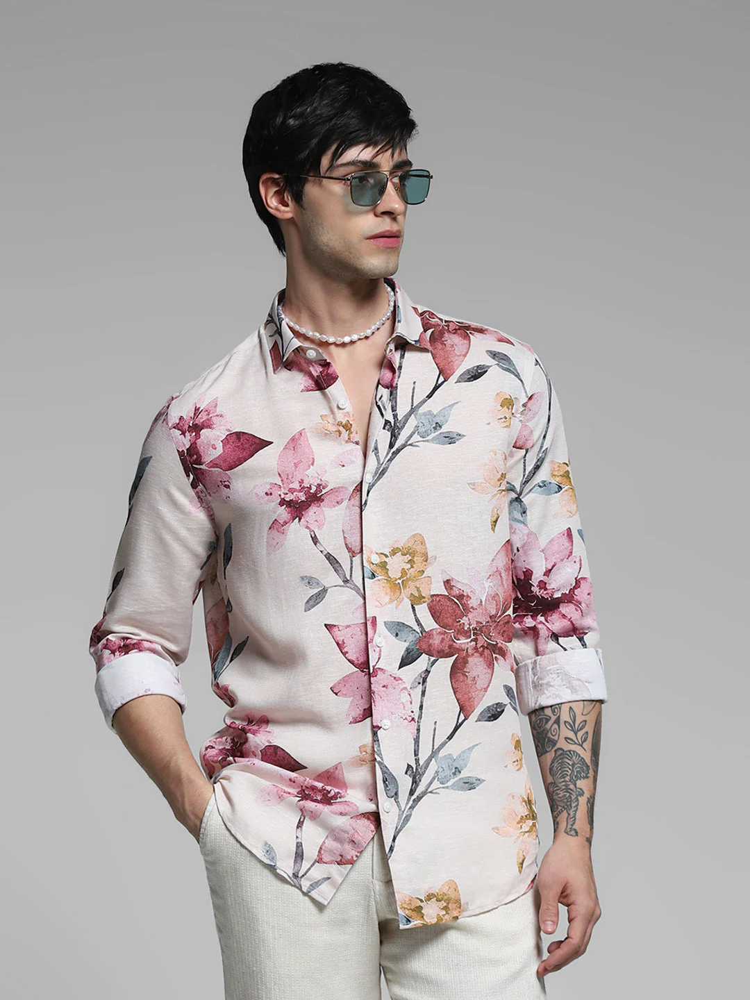 Orange Floral Linen Blend Shirt
