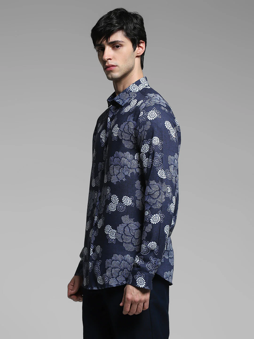 Dark Blue Floral Linen Blend Shirt - Image 3