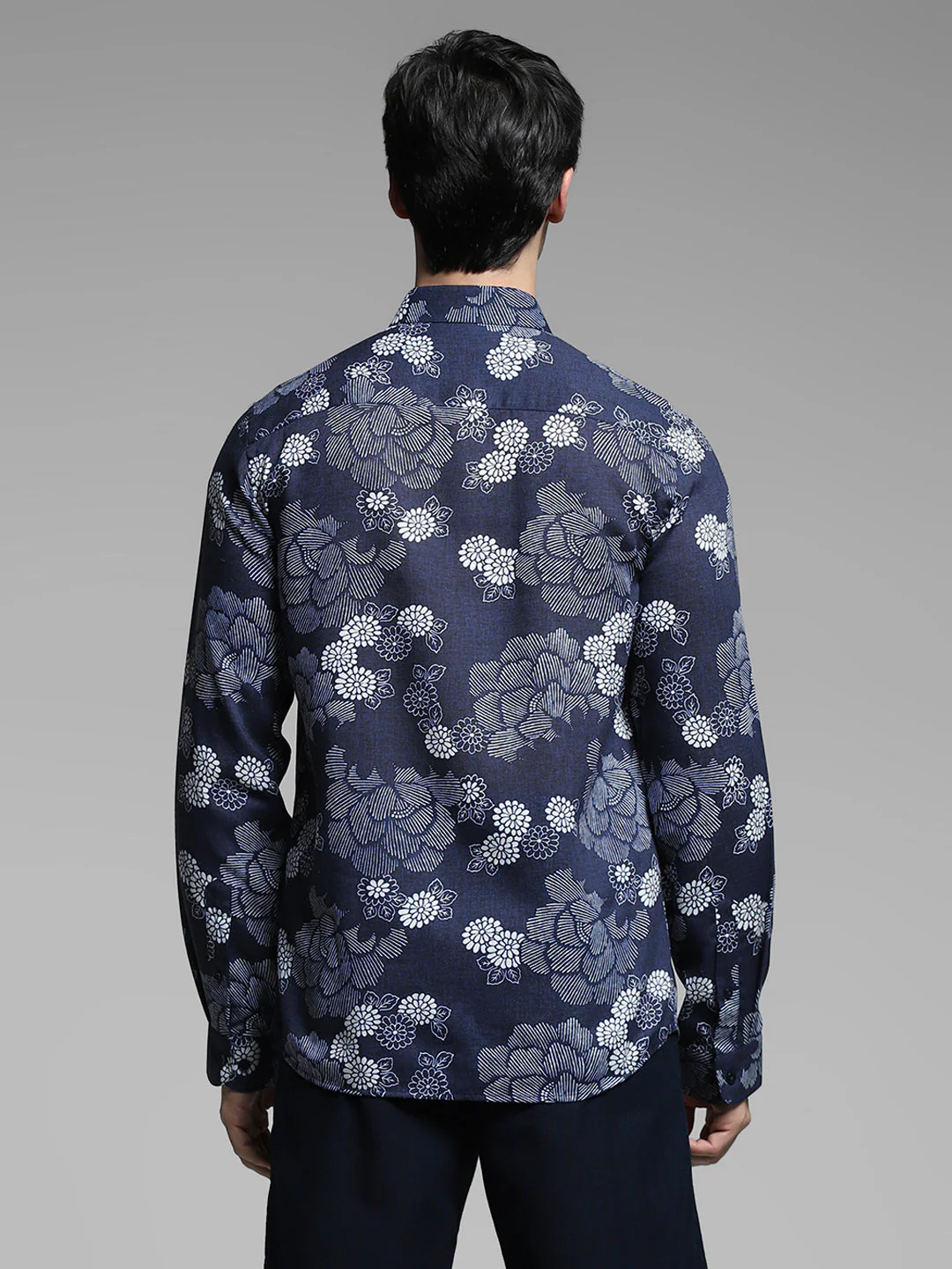 Dark Blue Floral Linen Blend Shirt - Image 9