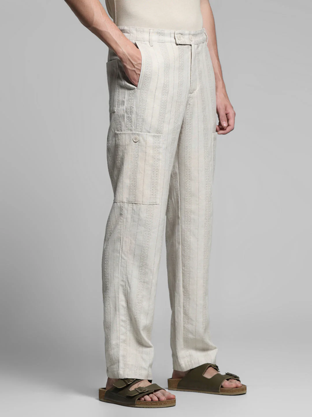 Cream Striped Regular Fit Pants - Image 2