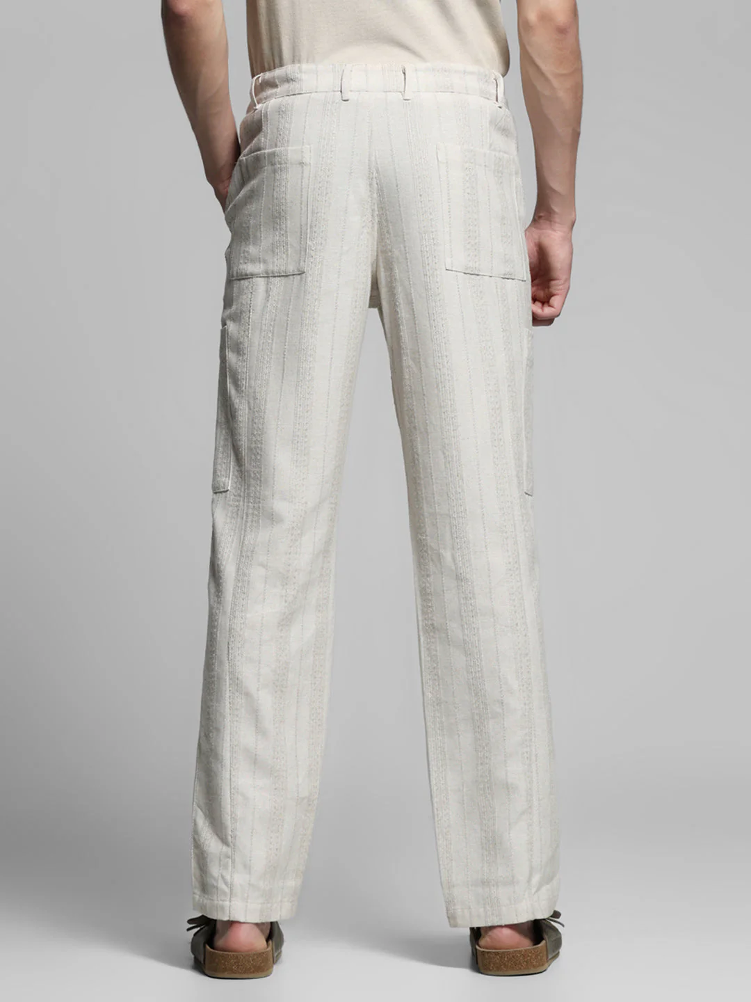 Cream Striped Regular Fit Pants - Image 3