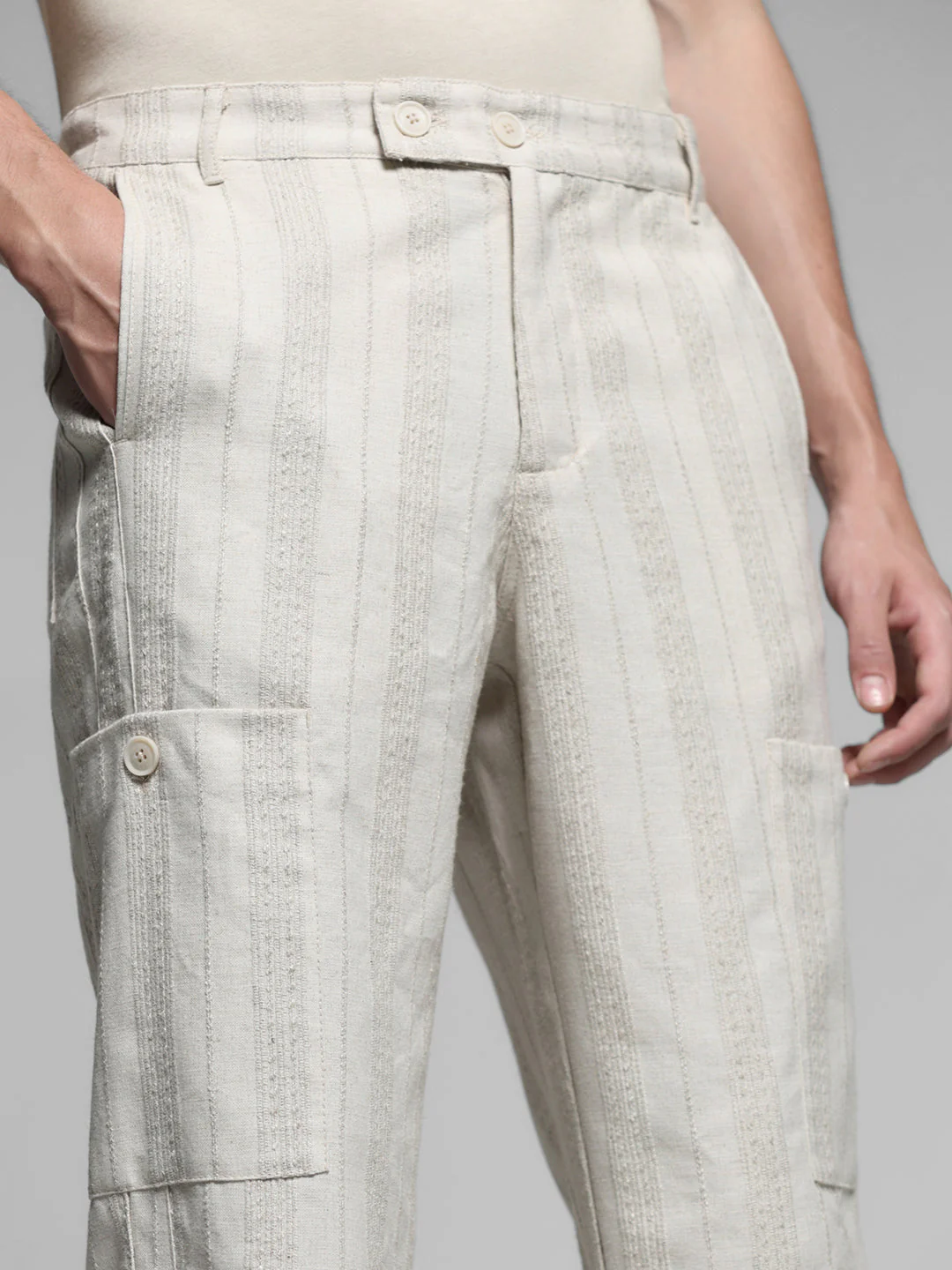 Cream Striped Regular Fit Pants - Image 4