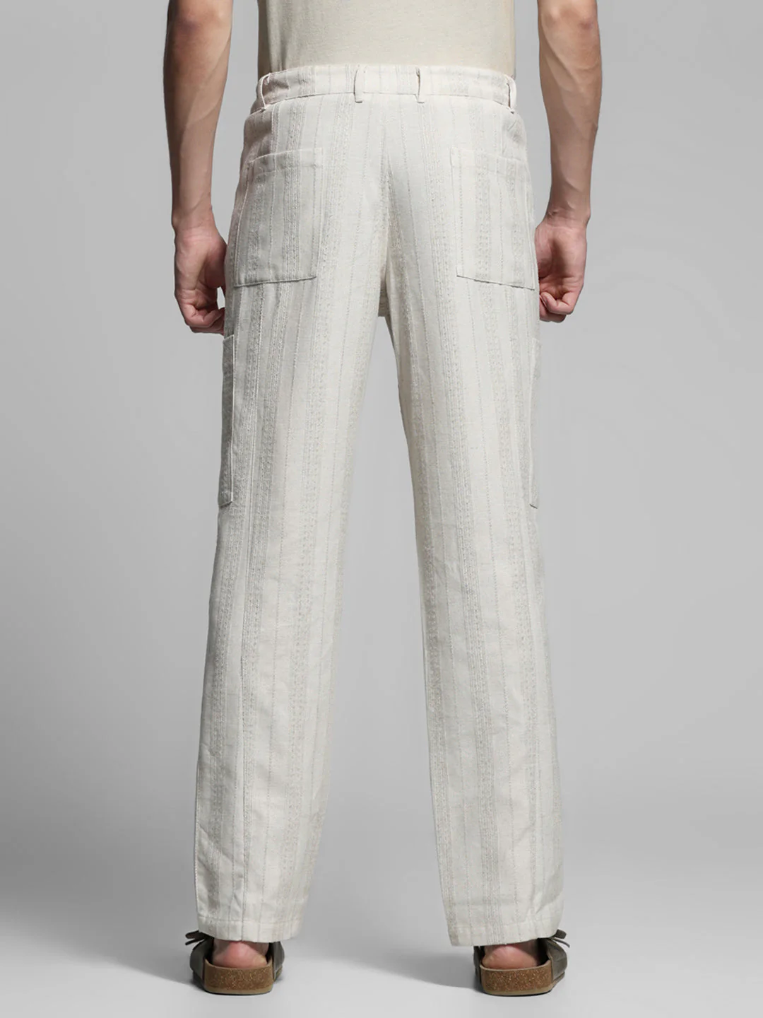 Cream Striped Regular Fit Pants - Image 9