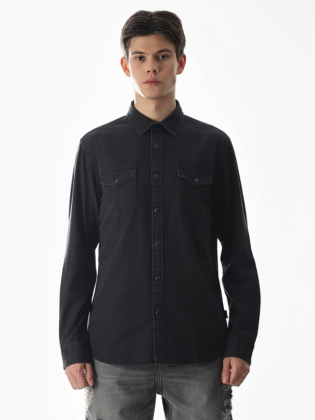 2 Patch Pocket Cotton Denim Shirt - Black - Image 8
