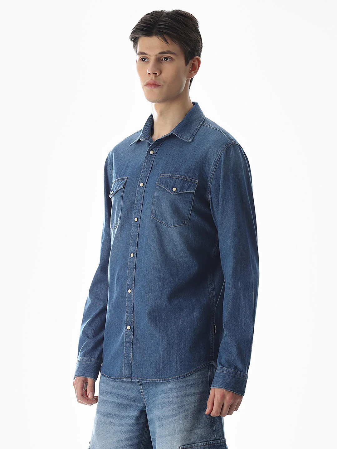 2 Patch Pocket Cotton Denim Shirt - Blue - Image 3