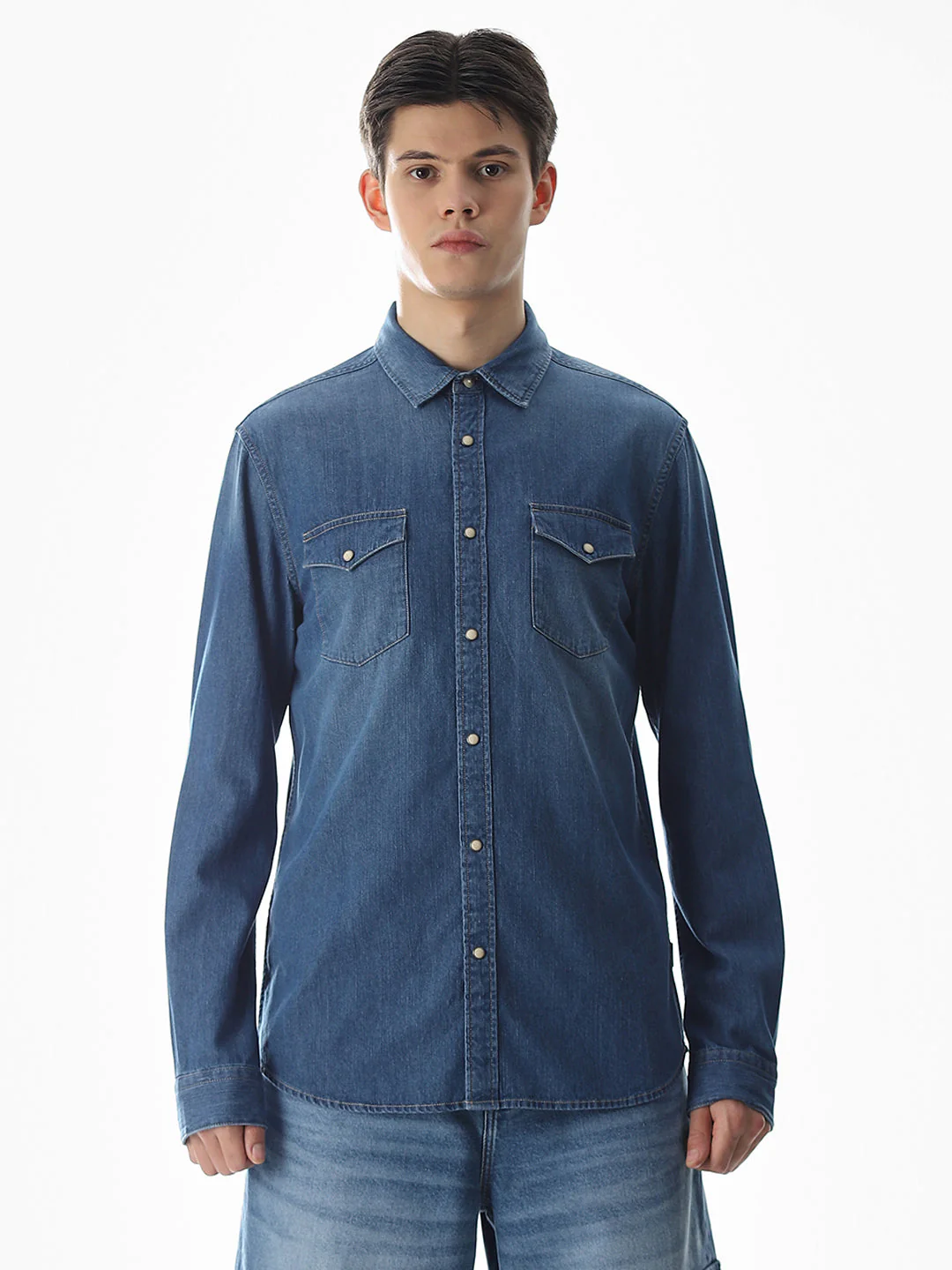 2 Patch Pocket Cotton Denim Shirt - Blue - Image 8