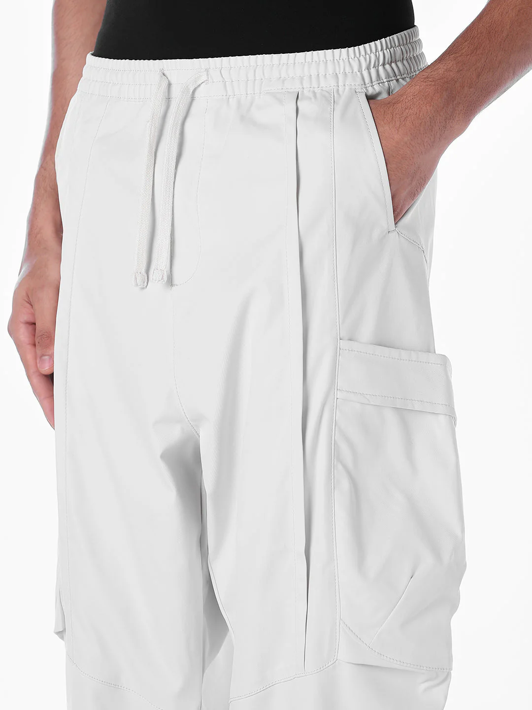 Men's Grey Cotton Stretch Barrel-Fit Cargo Pants With Drawstring - Image 4