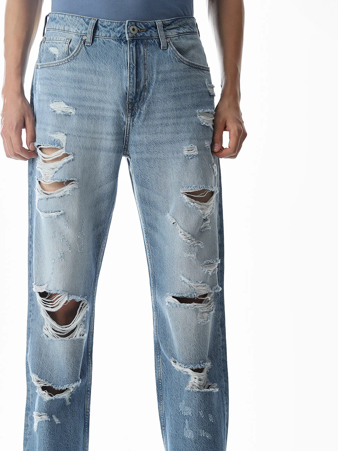 Light Blue Heavily Distressed Eddie Loose Fit Jeans - Image 4
