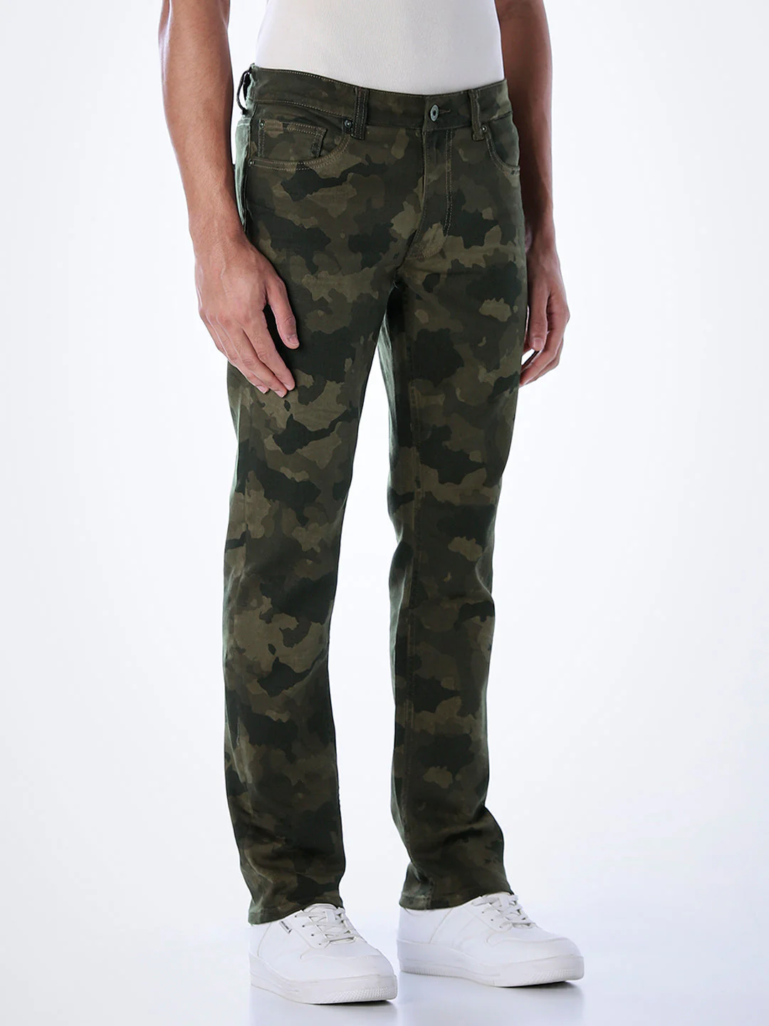 Olive Green Camo Print Slim Fit Jeans - Image 2