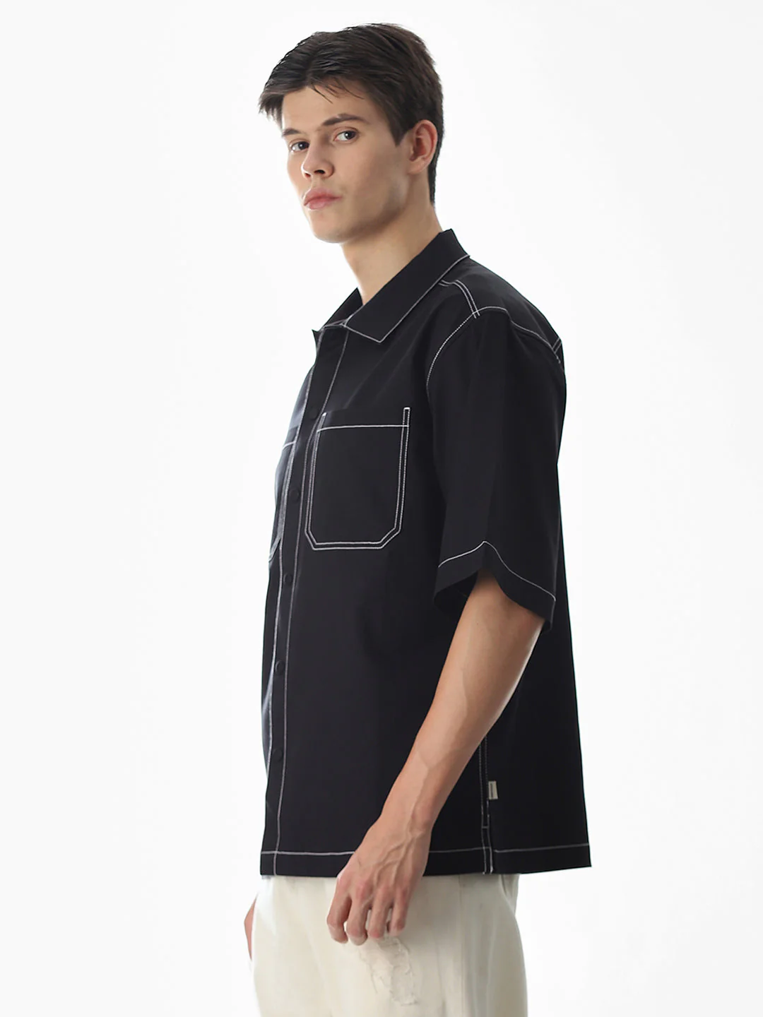 Black Contrast Stitch Oversized Shirt - Image 3