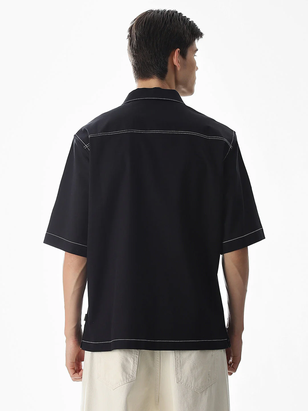 Black Contrast Stitch Oversized Shirt - Image 4