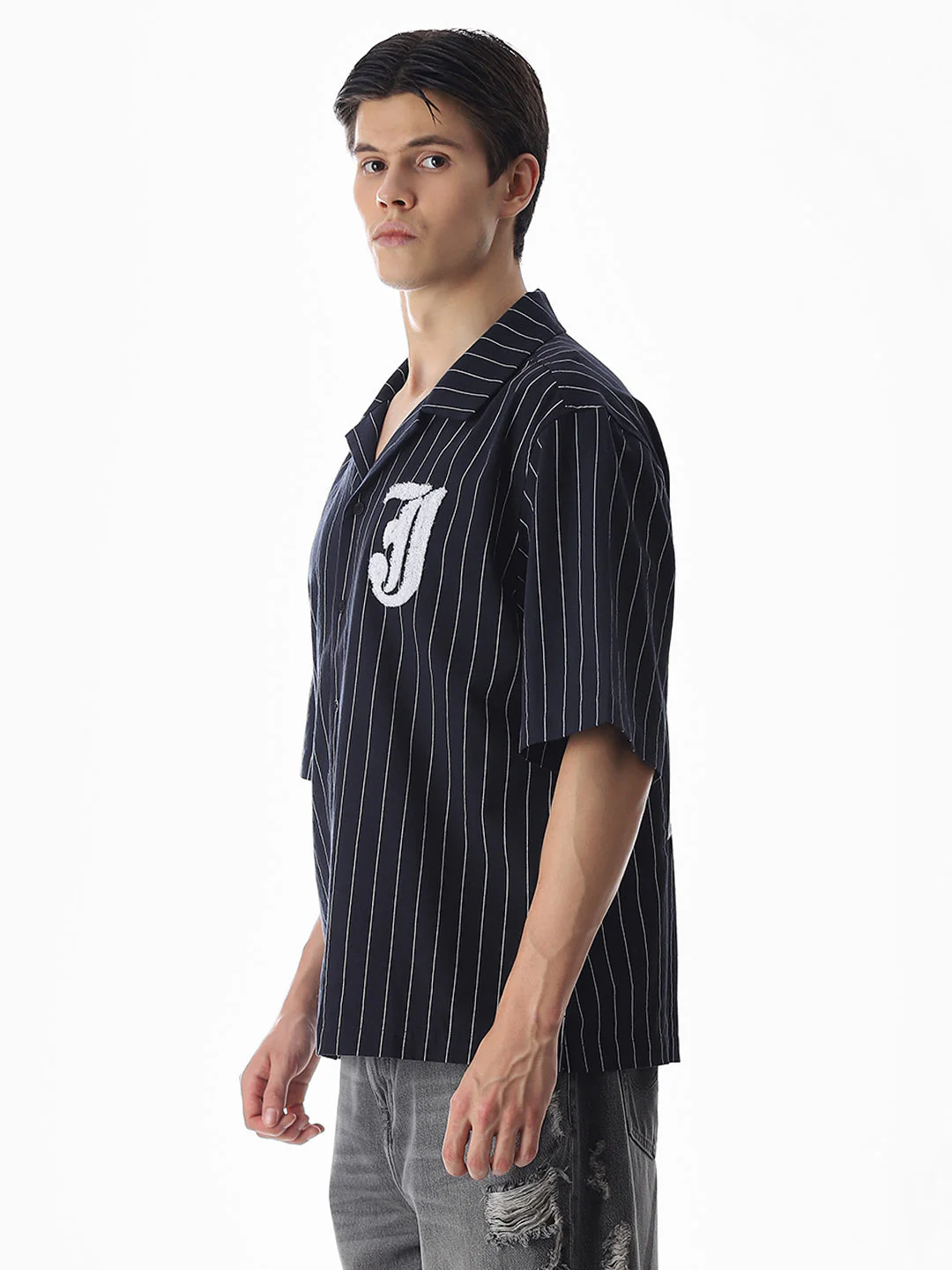 Dark Blue Embroidered Striped Oversized Shirt - Image 3