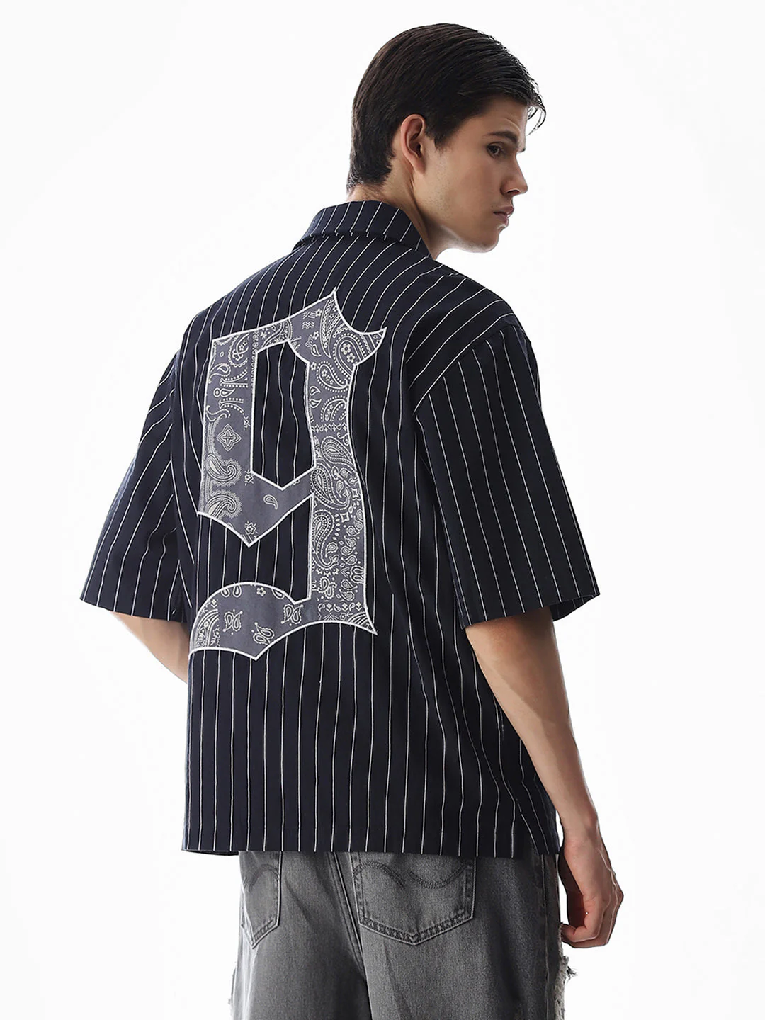 Dark Blue Embroidered Striped Oversized Shirt - Image 4