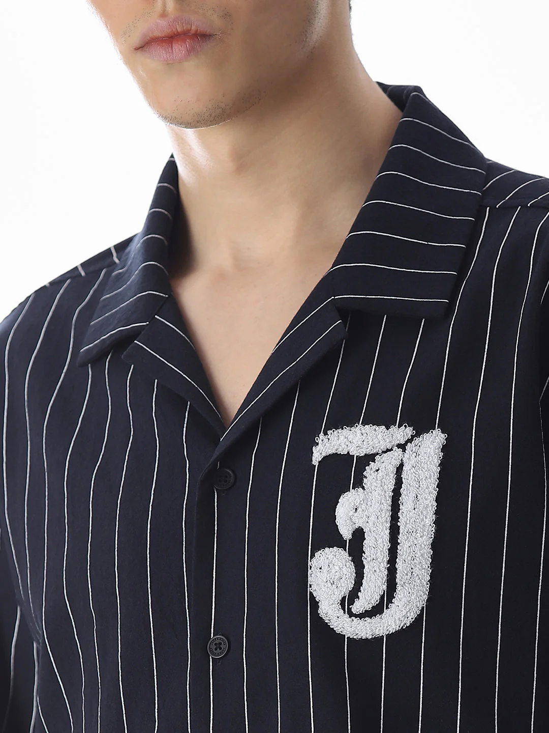 Dark Blue Embroidered Striped Oversized Shirt - Image 5