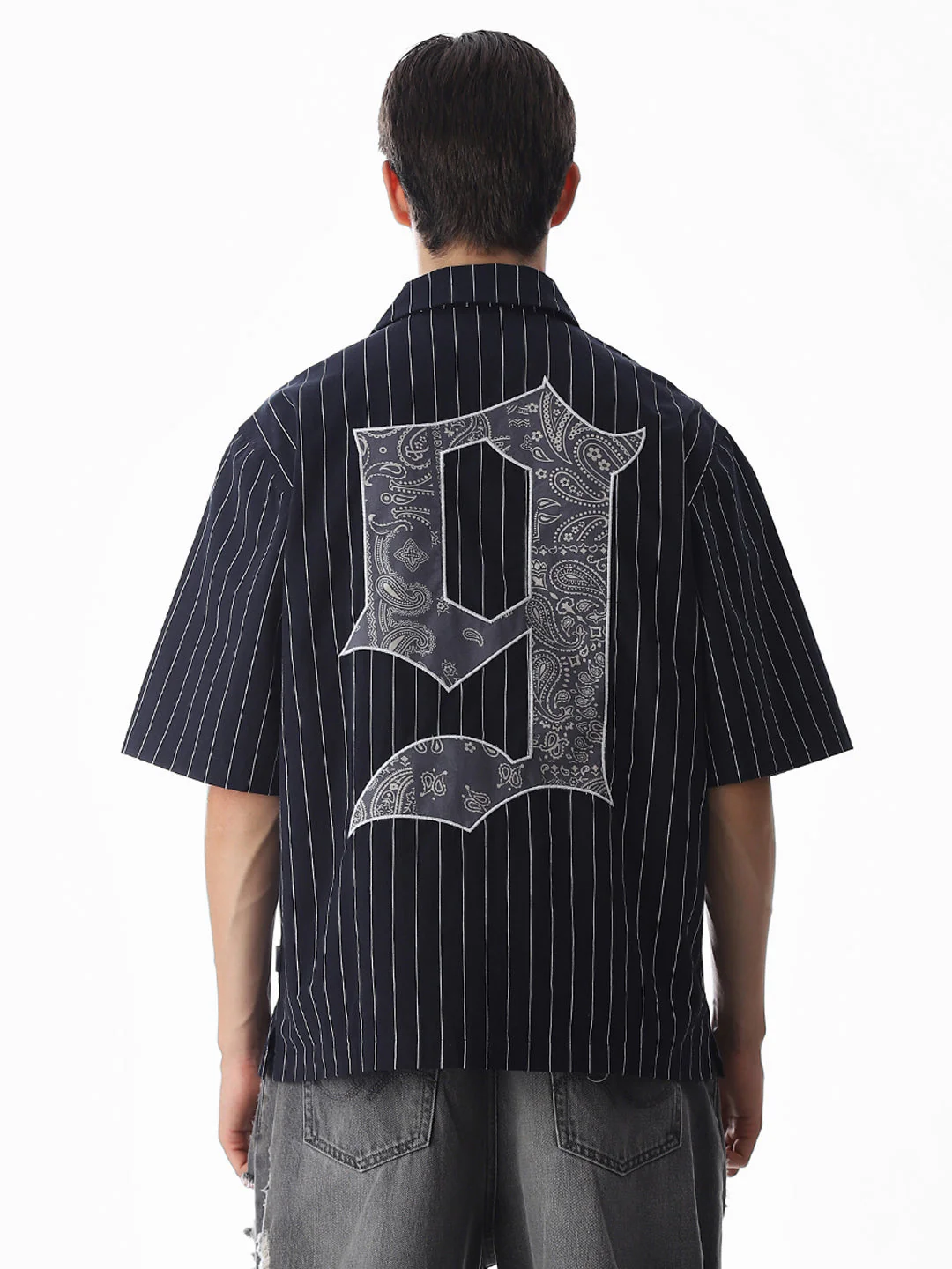 Dark Blue Embroidered Striped Oversized Shirt - Image 9