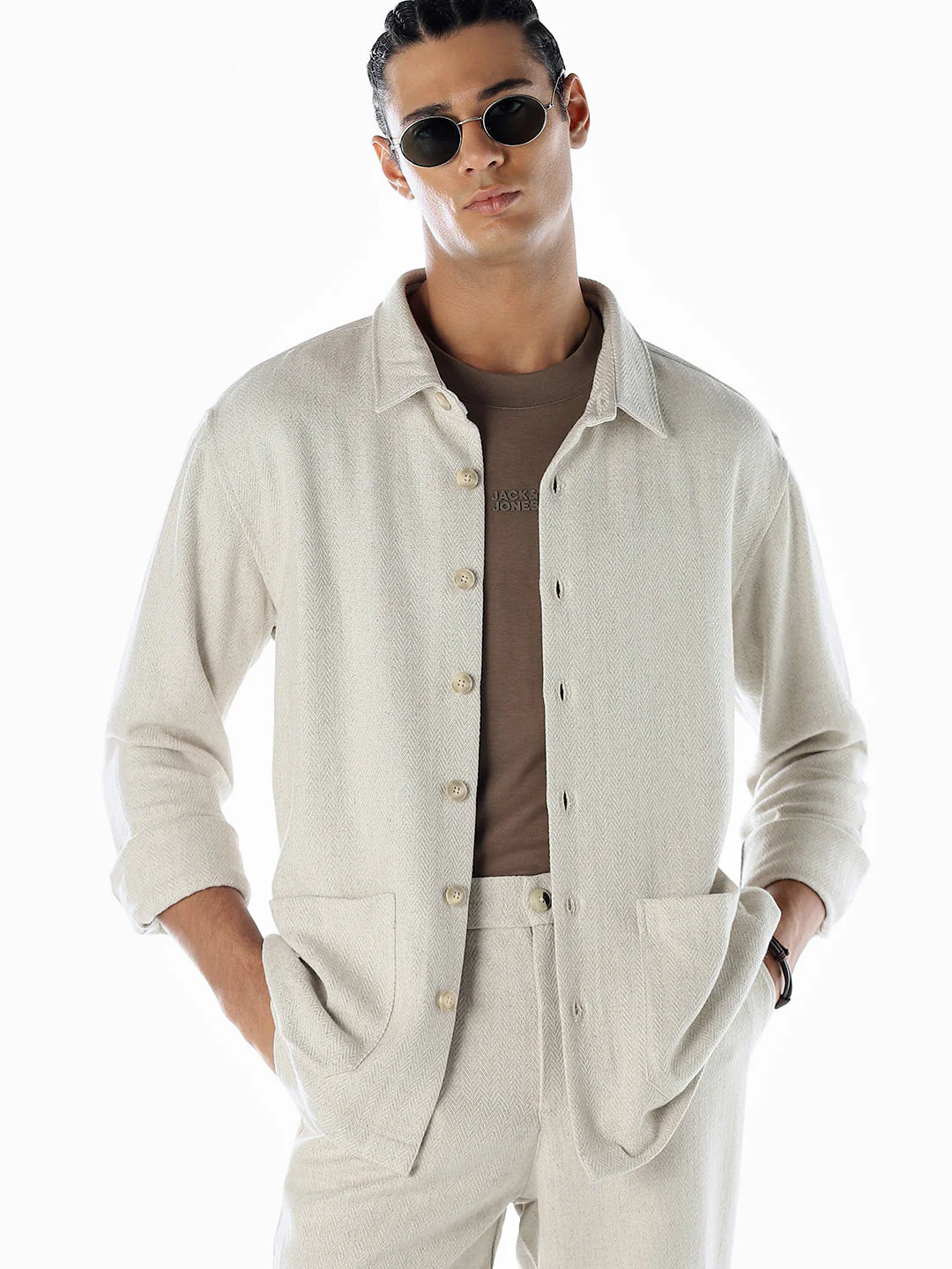 Beige Linen Blend Oversized Shirt
