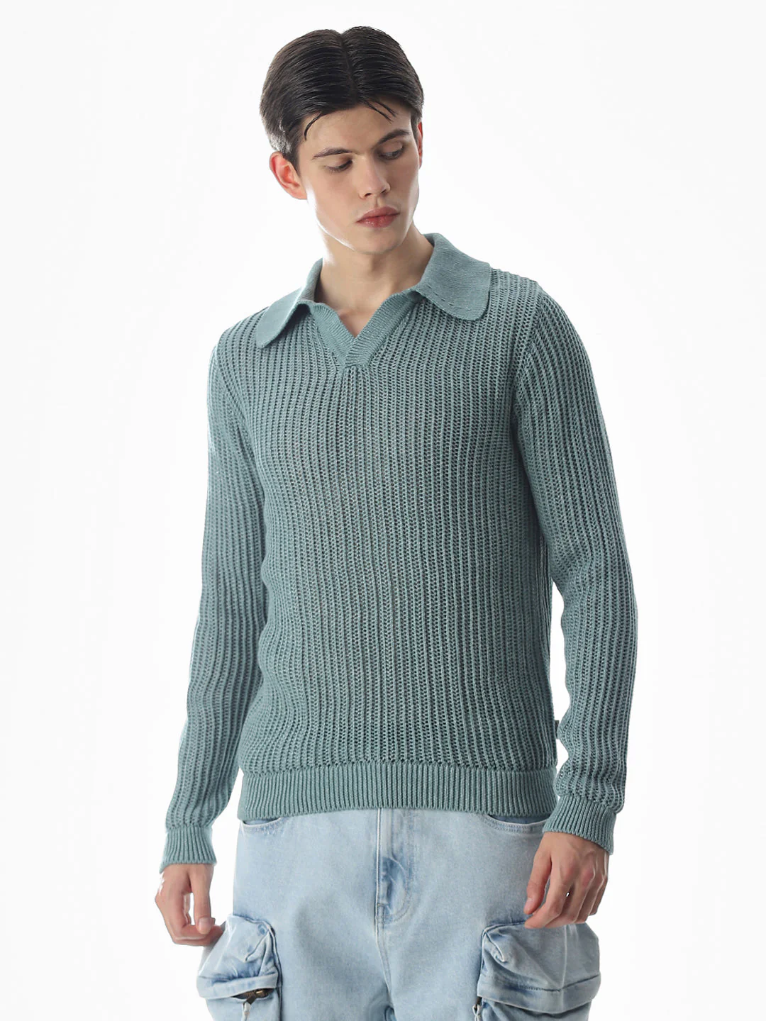Green Knitted Boxy Fit Polo - Image 2