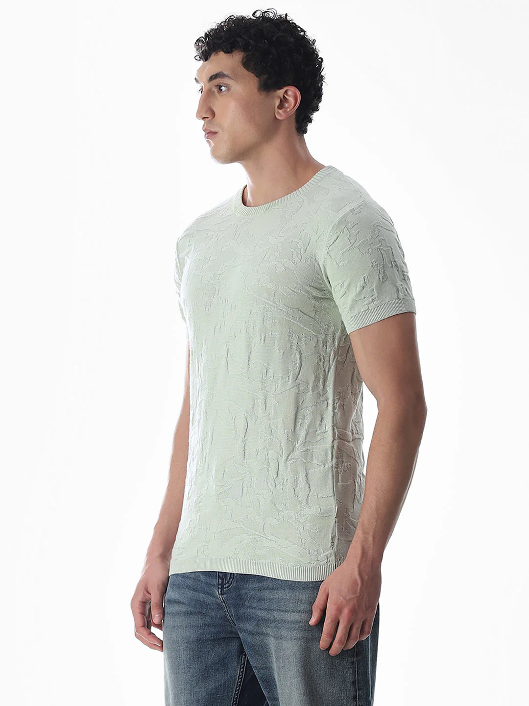 Green Jacquard Crew Neck T-shirt - Image 3