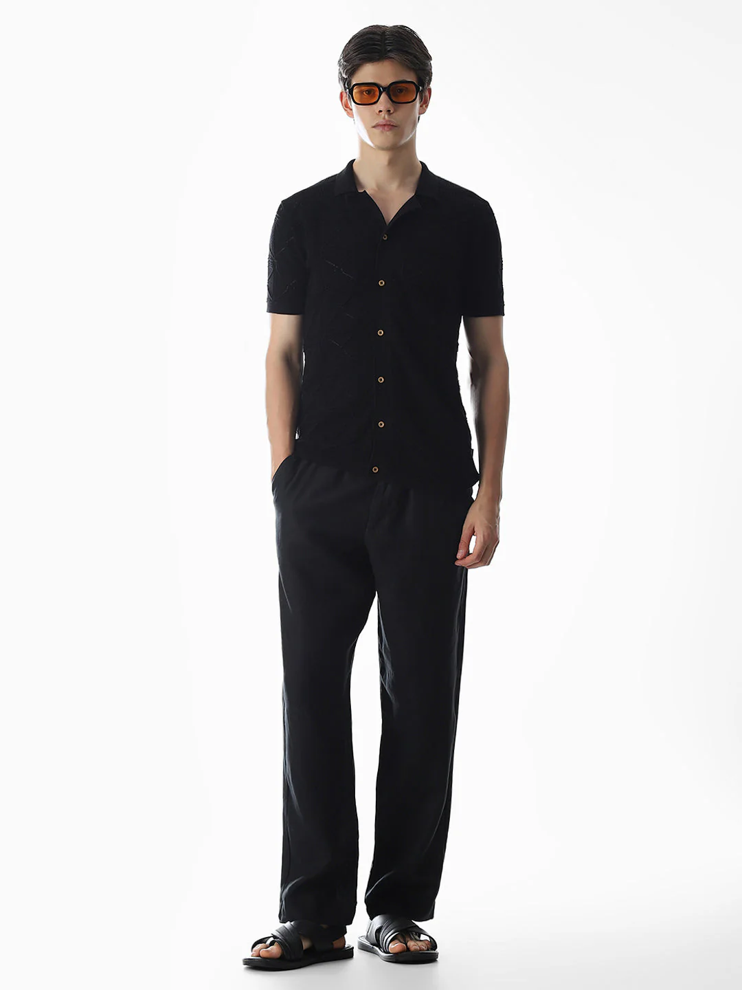 Black Knitted Jacquard Front Open Shirt - Image 6