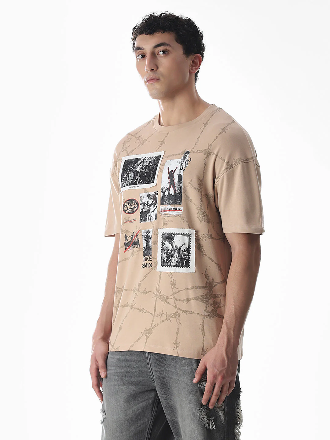 Beige Patch Print Boxy Fit T-Shirt - Image 3