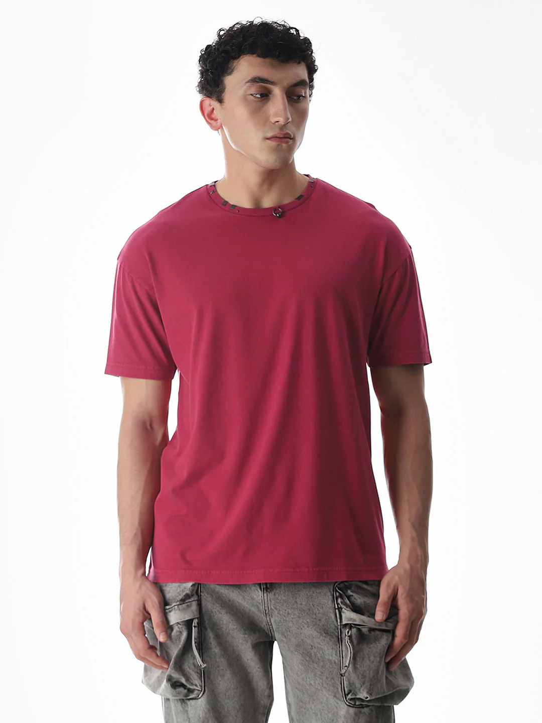 Dark Red Embellished Collar T-shirt - Image 2