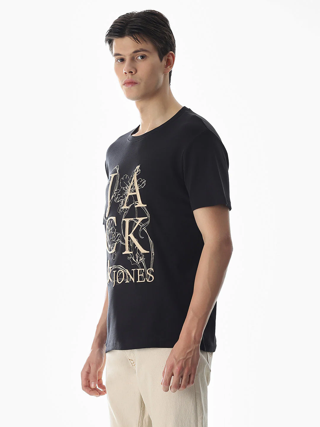 Black Embroidered Print Cotton T-shirt - Image 3