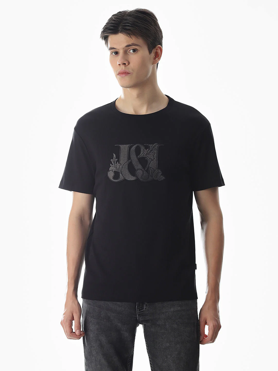 Black Applique Print Cotton T-shirt - Image 2