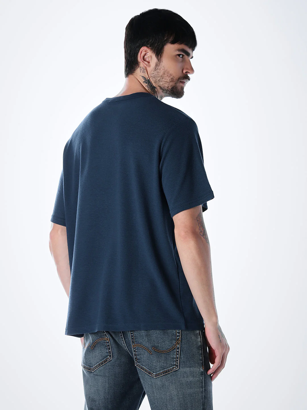 Structured Crew Neck Oversized T-shirt - Blue - Image 4