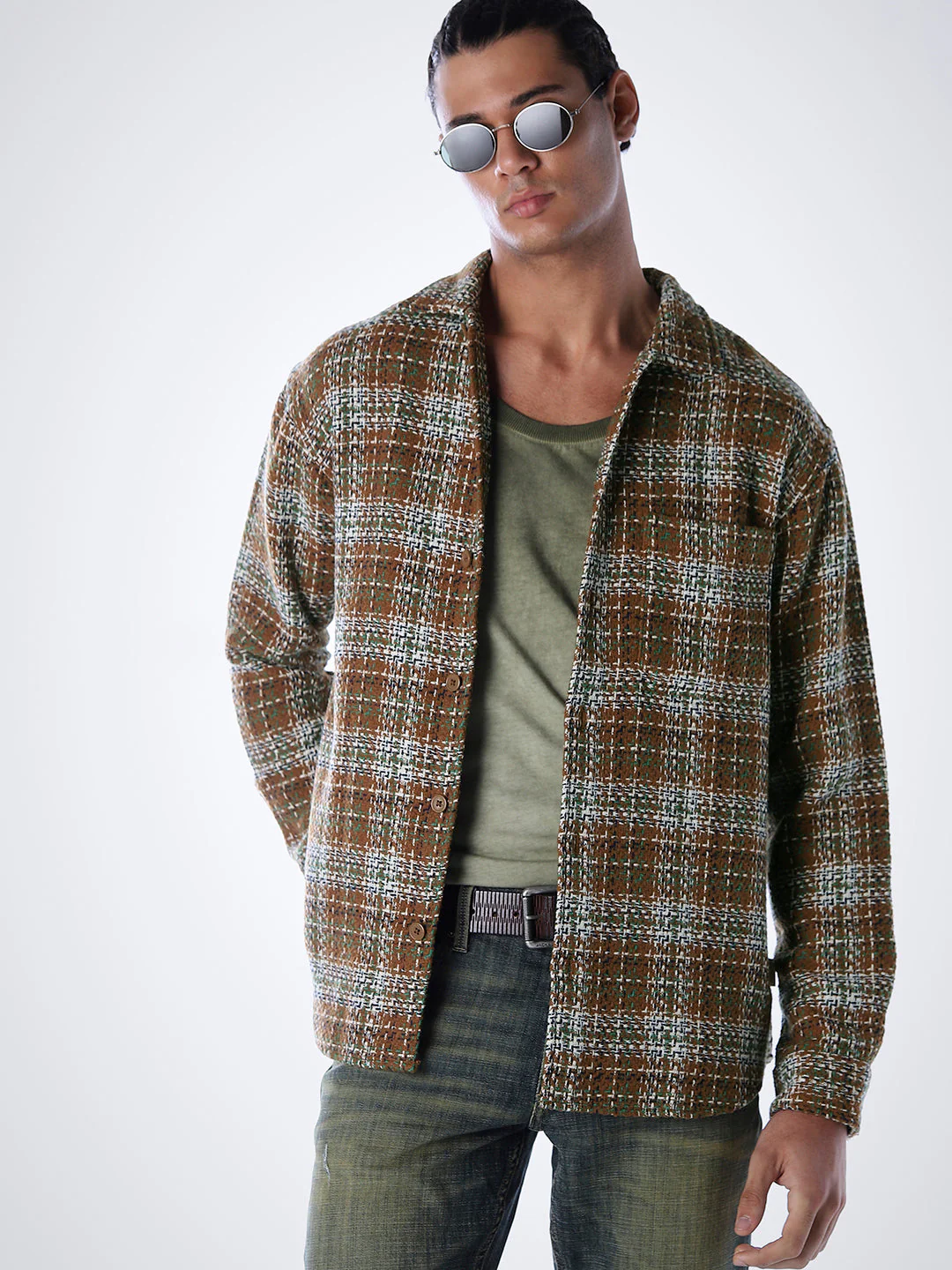 Thread Check Print Overshirt - Brown