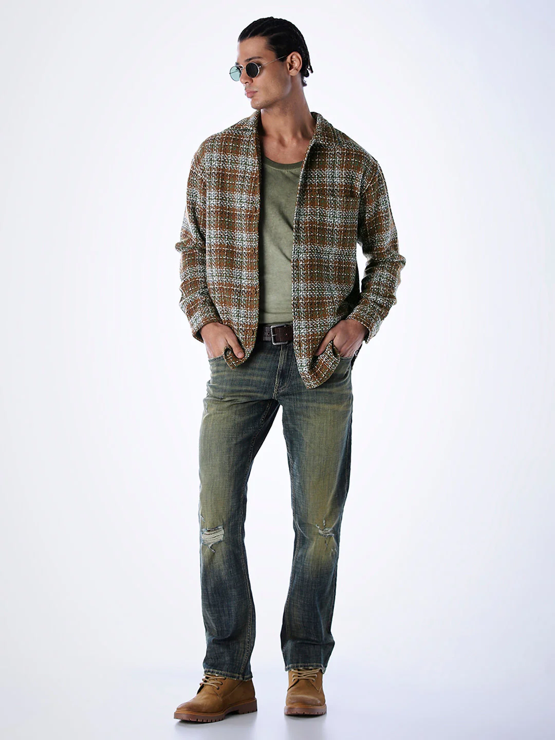 Thread Check Print Overshirt - Brown - Image 6