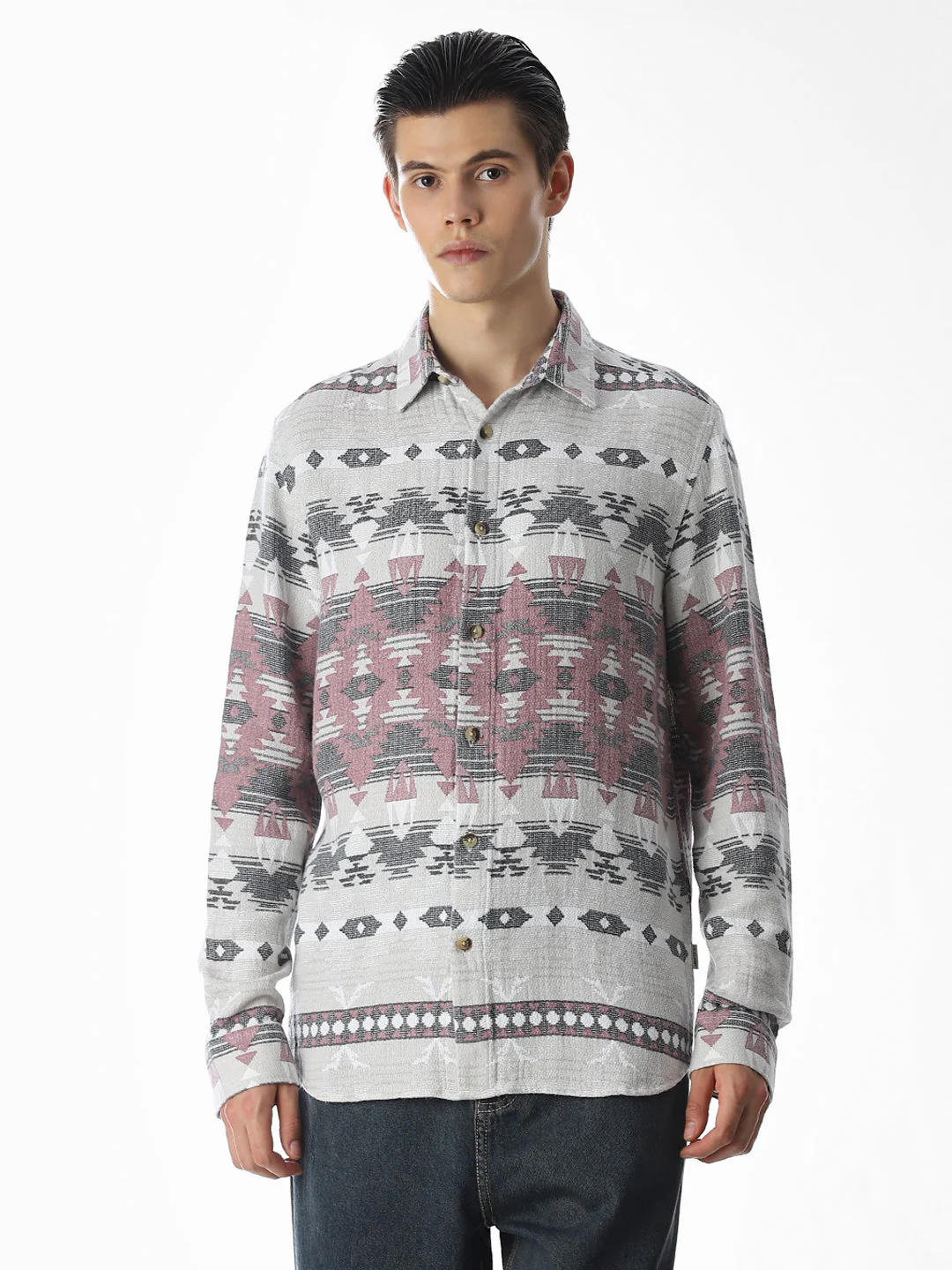 Grey Printed Jacquard Cotton Shirt - Image 2