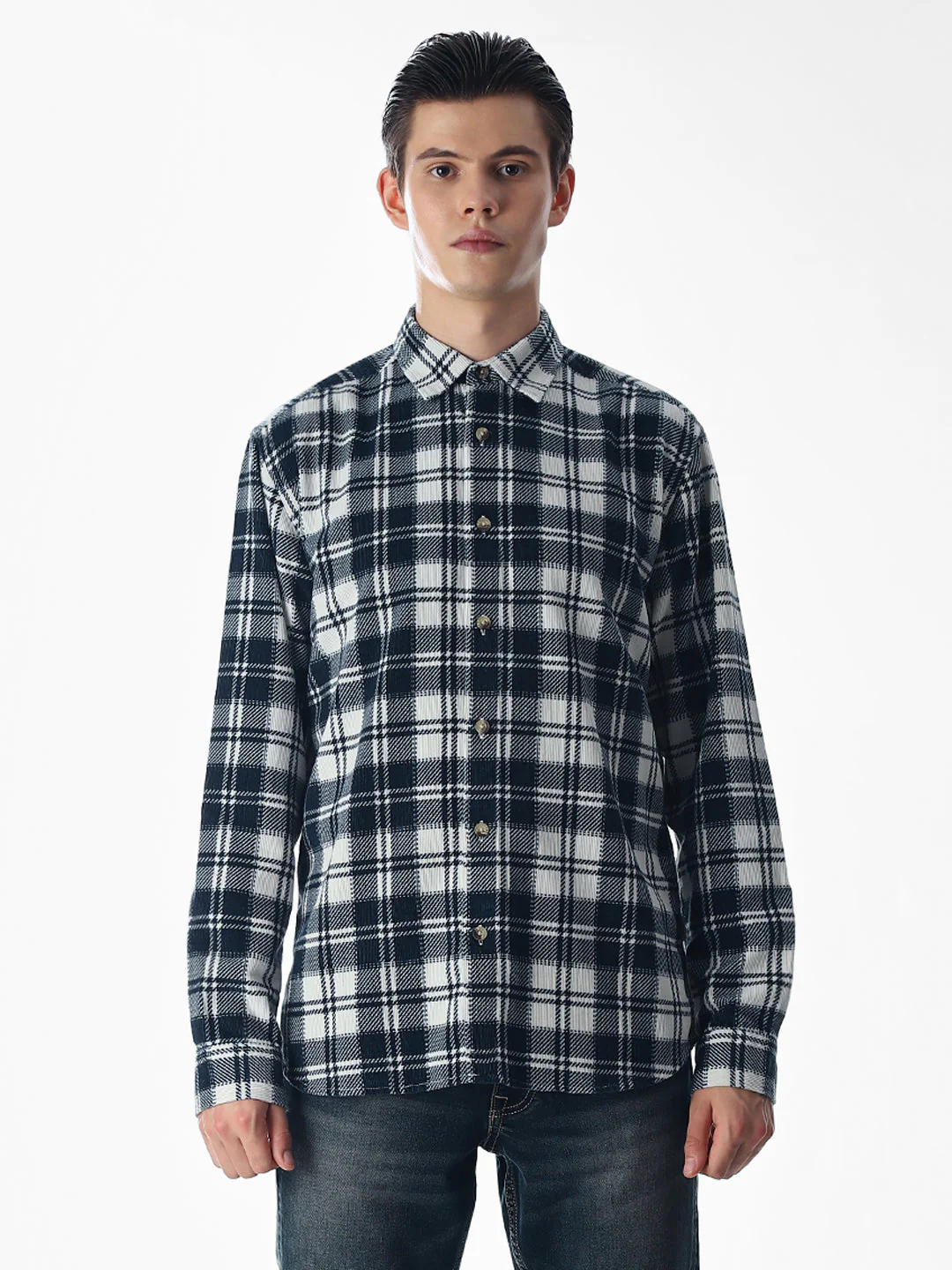 Dark Blue Check Cotton Shirt - Image 8