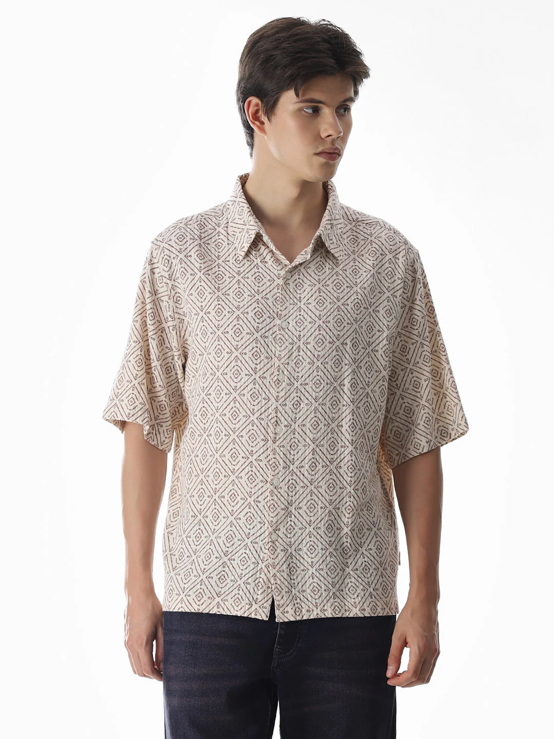 Beige Printed Cotton Oversized Shirt - Image 2