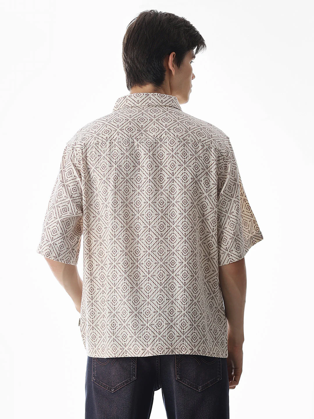 Beige Printed Cotton Oversized Shirt - Image 4
