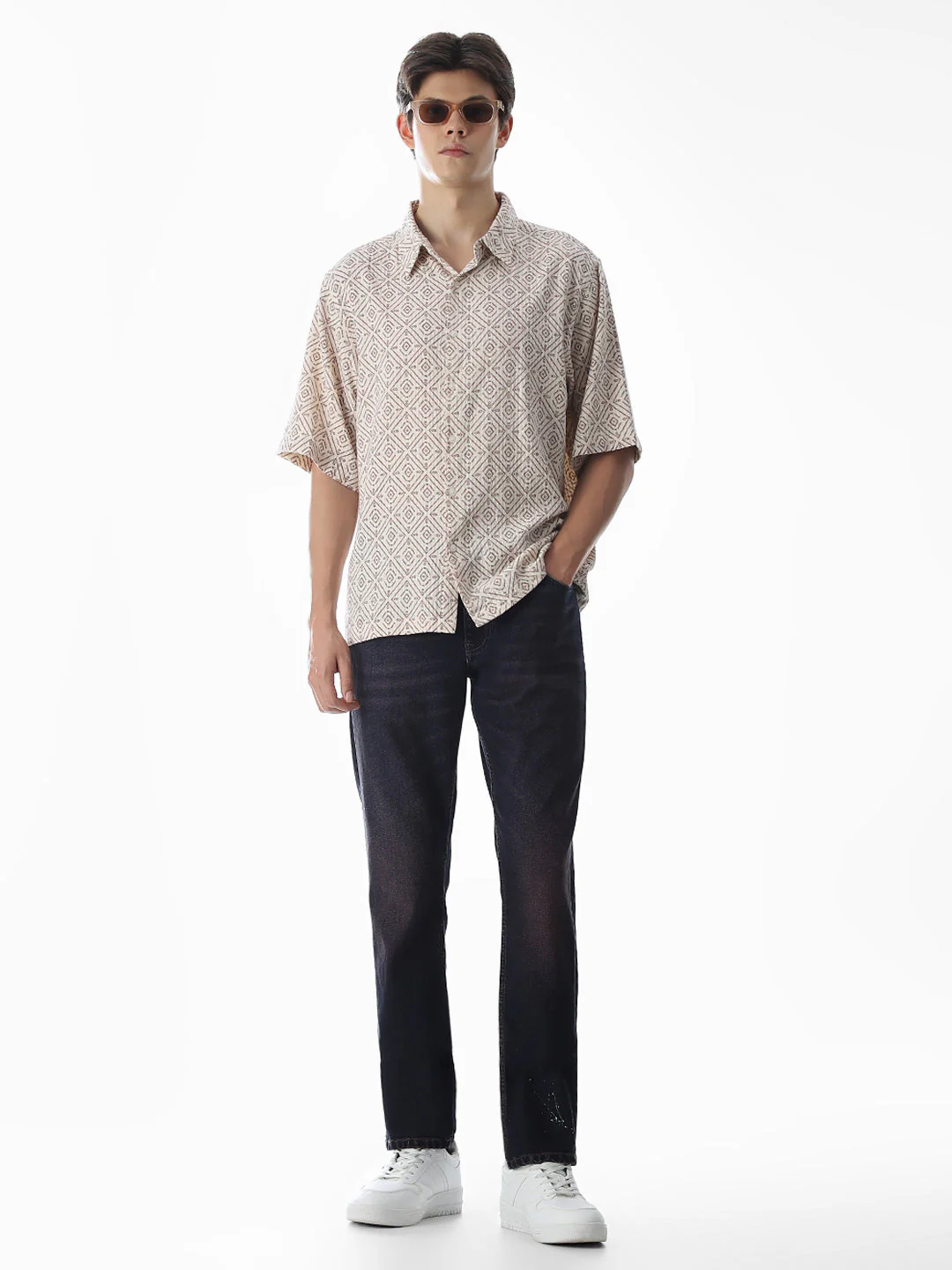 Beige Printed Cotton Oversized Shirt - Image 6