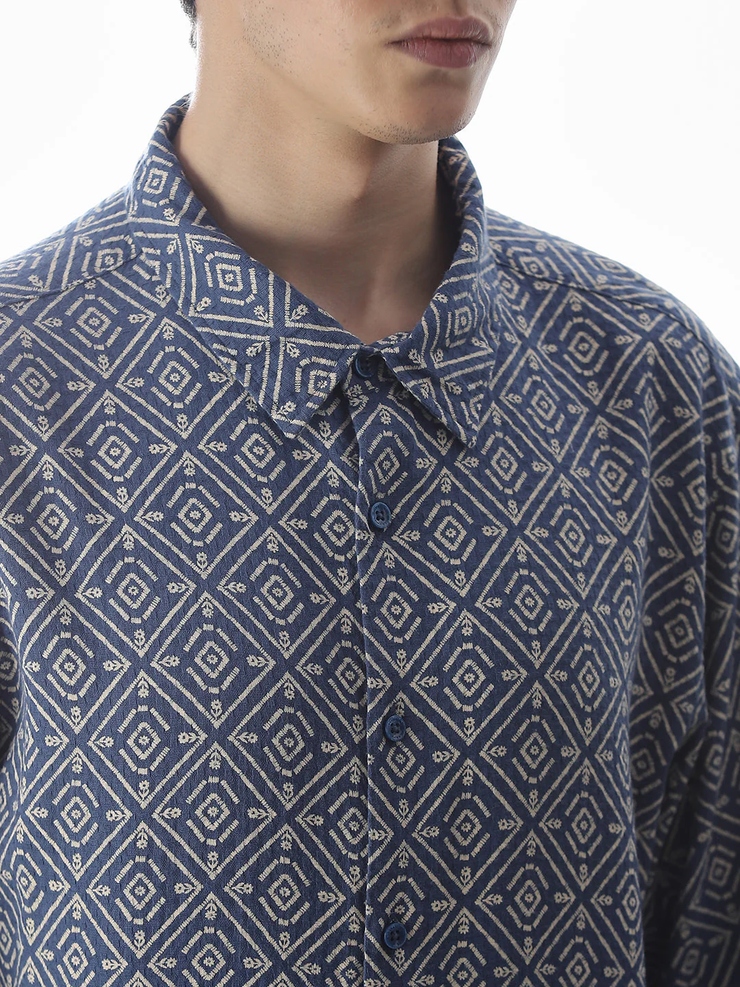 Blue Printed Cotton Short Sleeves Shirt - Image 5