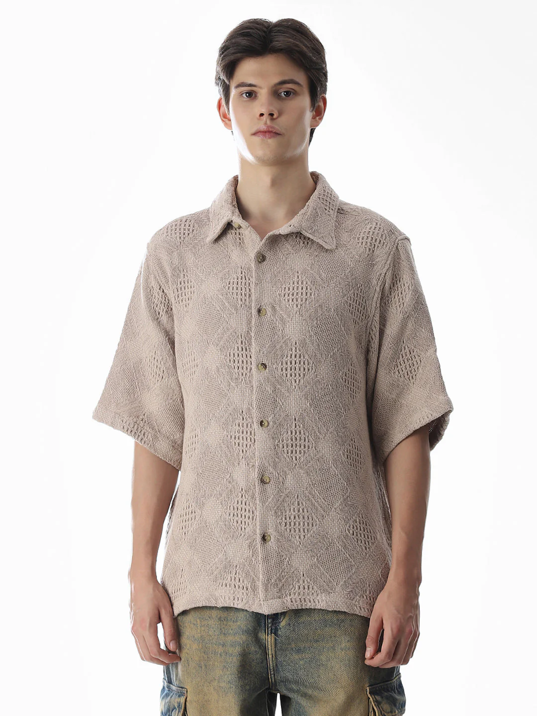 Beige Jacquard Cotton Oversized Shirt - Image 2