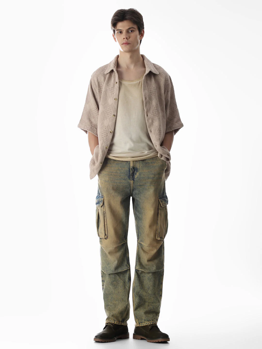Beige Jacquard Cotton Oversized Shirt - Image 6