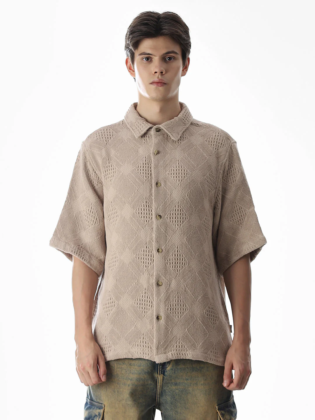 Beige Jacquard Cotton Oversized Shirt - Image 8
