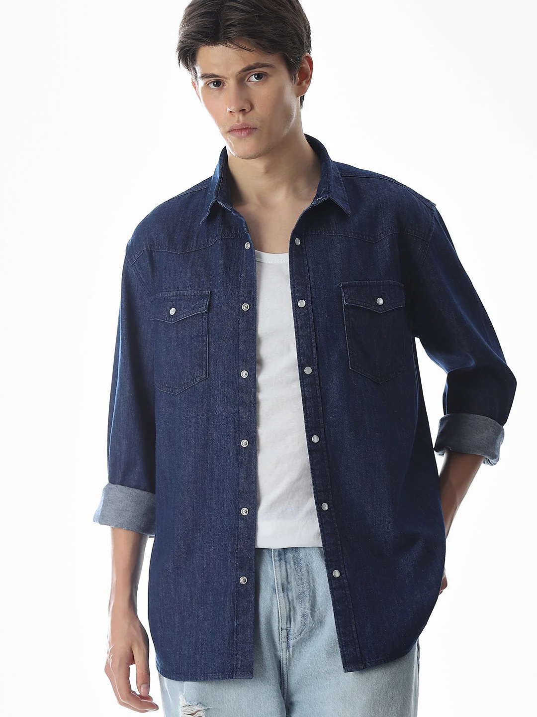 Navy Blue Cotton Full Sleeves Shirt