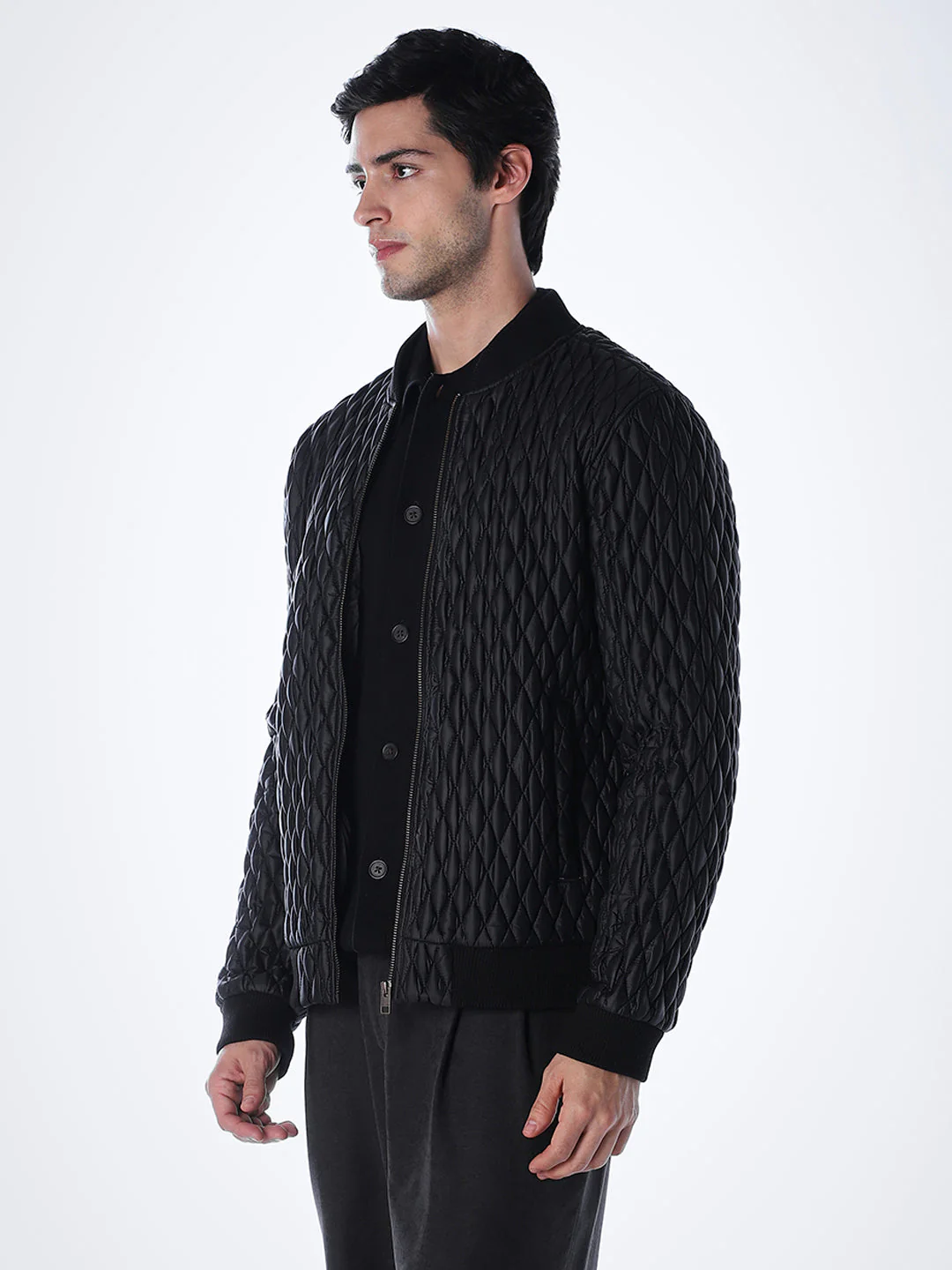Black Quilted Nylon Bomber Jacket - Image 3