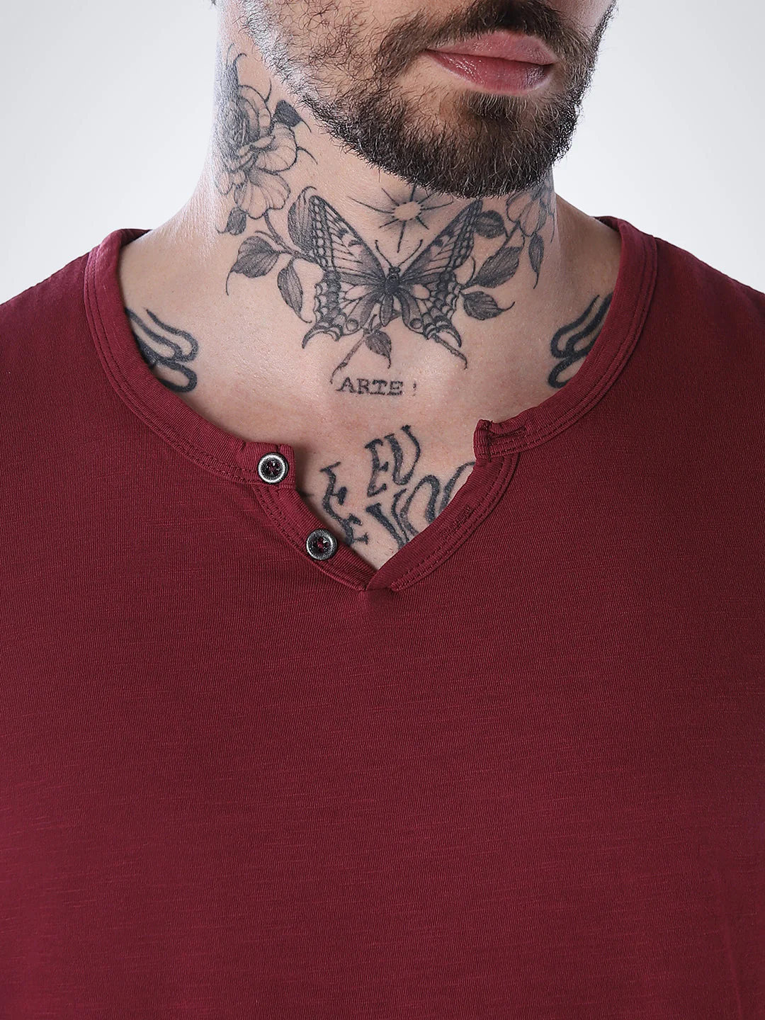 Split Neck Cotton T-shirt - Red - Image 5
