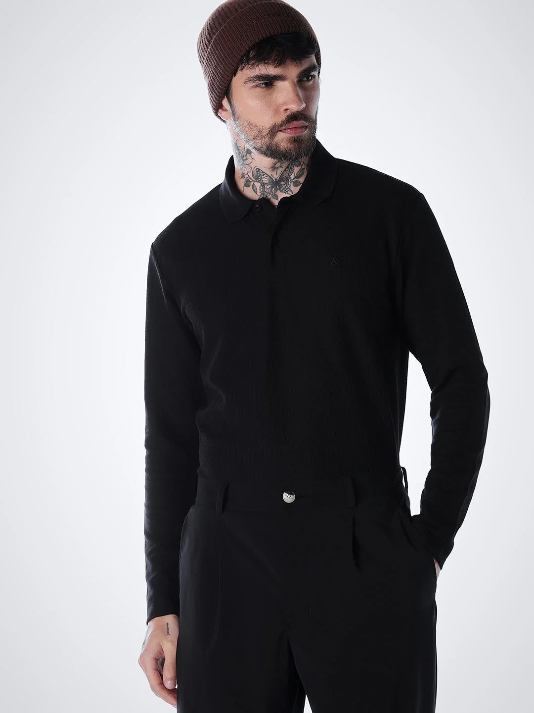 Regular Fit Full Sleeves Polo - Black