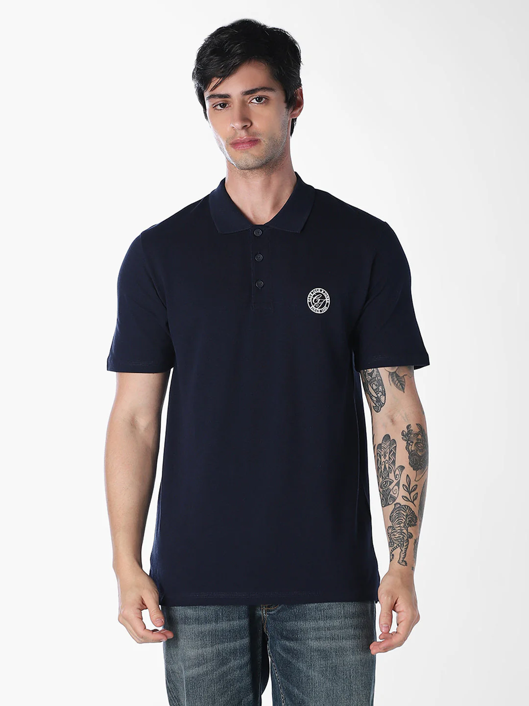Navy Blue Regular Fit Cotton Polo - Image 2