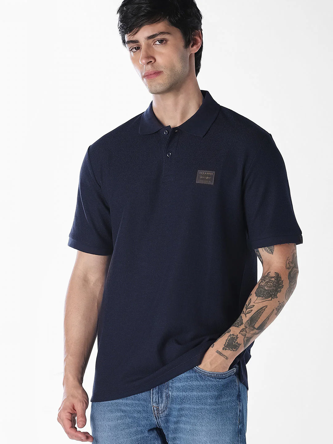 Textured Regular Fit Polo - Navy Blue